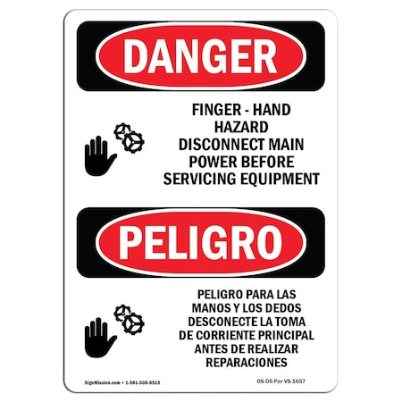 Signmission Safety Sign, OSHA Danger, 18" Height, Aluminum, Hand Hazard Bilingual Spanish OS-DS-A-1218-VS-1657